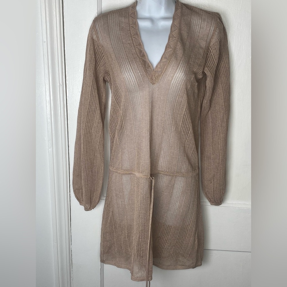 Free People Open Weave Knit Cardigan Tunic Beige Mesh Bathing Suit Cover Up Top